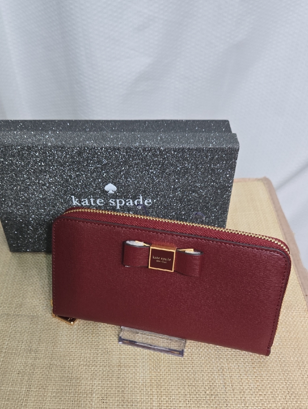 kate spade Burgundy Bow Zip Around Wallet with Gold Hardware